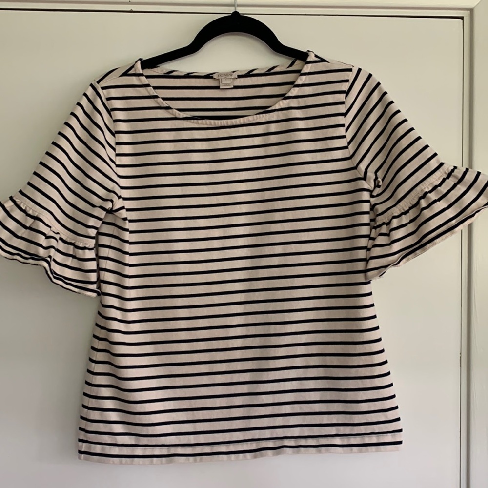 Jcrew Ruffle Sleeved Navy and Cream Striped Shirt